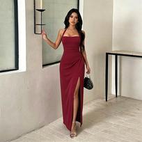 Europe and the United States summer new Spice Girl neck split dress, waist high off-the-shoulder dress L bordinė