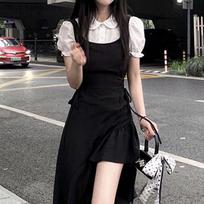 New Women's Clothing College Style Long Dress Spice Girl Suit Small Black Dress Irregular Strap Dress Summer XL
