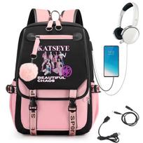KATSEYE Mokyklinė kuprinė su USB įkrovimo prievadu, Spalvų blokas Juoda Rožinė Violetinė, Atspari vandeniui, Didelės talpos kuprinė 60123-19 Number 21