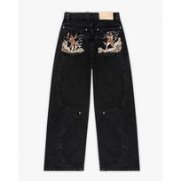 Womens Wide Leg Denim Pants With Cherry Blossom Embroidery Loose Fit High Waist Street Style Jeans XXL black
