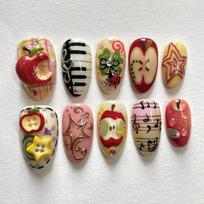 24PCS 3D Cute Cartoon Apple Almond Press on Nails Handmade Piano Note Golden Star French Fake Nail for Women Wearable Full Cover gray