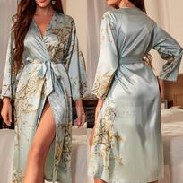 Juodos spalvos gėlėtas ilgas chalatas naktiniai marškiniai šilko satino moteriški miegui naktiniai marškinėliai pavasario vasara laisvi kimono chalatai, chalatai namuose L gray