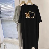 Medvilninė trumpomis rankovėmis ilga suknelė laisva didelio dydžio kelių T-shirt sijonas laisvalaikio vidutinio ilgio ir ilga suknelė moterims L gray
