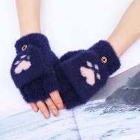 Plush Cat Paw Fingerless Gloves - Warm Mink Fur for Girls One Size mėlyna