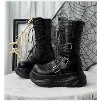 Women's Genuine Leather Platform Punk Spice Girls Short Functional Wind Medium Boots 7cm 40 gray