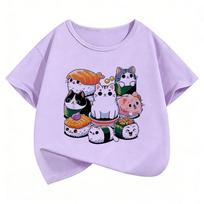 Boys and Girls Summer Cute Funny Sushi Cat Food Design Print Short-sleeve Children's T-shirt 160 gray