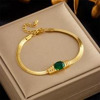 Gold Plated Herringbone Necklace with Emerald Green Oval Crystal Pendant Fashion Jewelry for Women beige