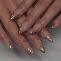 24Pcs Glitter Almond French Tip Press On Nails With Glue Detachable Full Cover Acrylic Fake Nail Tips