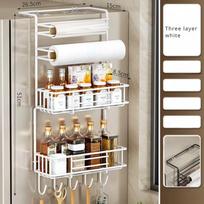 No-Hole Spice Storage Rack Wall Hanging Cling Film Storage Rack Refrigerator Side Shelf  Kitchen White-Three Layers