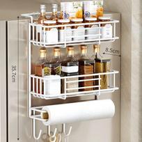 No-Hole Spice Storage Rack Wall Hanging Cling Film Storage Rack Refrigerator Side Shelf  Kitchen White-Double Layers