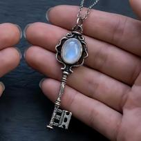 Hecate Moonstone & Obsidian Skull Key Necklace - Witchy Dark Academia Jewelry brown