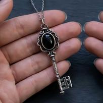 Hecate Moonstone & Obsidian Skull Key Necklace - Witchy Dark Academia Jewelry brown