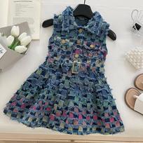 Girls' Sleeveless Plaid Denim Vest Dress - Summer 2026 Trendy Style 140 cm