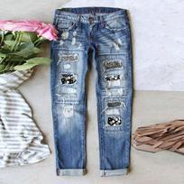 Womens Straight Leg Denim Jeans With Distressed Skull Patchwork Mid-Rise Slight Stretch Winter Streetwear Medium gray