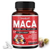 Bunkell Maca Supplement, 12100mg, with Ashwagandha, Ginseng & Tongkat Ali, 17-in-1, 120 Caps 120 Capsules
