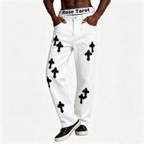 Mens Light Blue Straight Fit Denim Jeans High Street Style Pink Cross Patch Loose Low Rise S white