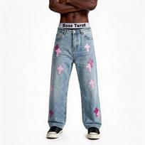 Mens Light Blue Straight Fit Denim Jeans High Street Style Pink Cross Patch Loose Low Rise L gray