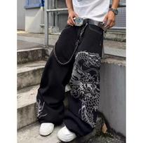 Mens Straight Fit Denim Jeans With Streetwear Tiger Dragon Print Mid-Rise Casual Trousers Fall M juoda