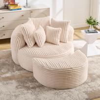 Didelė apvali sėdimoji dalis, Sofa-lova be kojų su pufiku, Minkštas audinys ir virvės sėdynės atlošas, Svetainei, Žaidimų kambariui a 168 x 123 x 63 cm smėlis