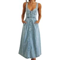 Summer Vintage Washed Denim Suspender Overall Midi Dress, Single Breasted Casual Women's Dress for Europe America Crossbody M šviesiai mėlyna spalva