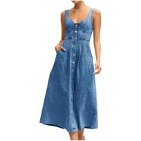 Summer Vintage Washed Denim Suspender Overall Midi Dress, Single Breasted Casual Women's Dress for Europe America Crossbody XXL tamsiai mėlyna spalva