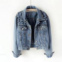 Women Pearl Rivet Decor Denim Jacket Lapel Long Sleeve Loose Cropped Casual Jean Coat M mėlyna