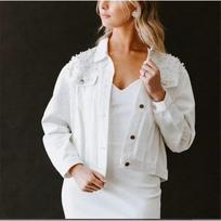 Women Pearl Rivet Decor Denim Jacket Lapel Long Sleeve Loose Cropped Casual Jean Coat XXXL balta