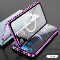 360° Magnetinis Magsafe dėklas iPhone 16 15 14 13 12 Pro Max Plus, pagamintas iš aliuminio lydinio ir HD stiklo, uždengiantis visą ekraną, metalinis apsauginis dangtelis For iPhone 13 Pro violetinė