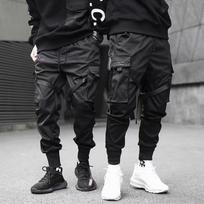 Jogger Cargo Pants Men Relax Hip-hop Hit Color Pocket Men's Pants Sweatpants Street Ribbon Techwear Pants S black