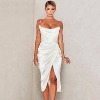 Satininė vidutinio dydžio suknelė, moteriška petnešėlė, korsetas be nugaros Bodycon ant pečių Elegantiški vakariniai klubiniai drabužiai S balta