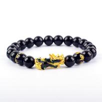Pixiu Bracelet Feng Shui Wealth and Good Luck Bracelet Homme Wristband Gold Color Obisidian Stone Beads Black Six Character Gift 10mm Beads&19cm(7.48inch) black