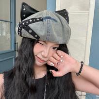 New Design Denim 3D Cat Ear Hat Breathable Studded Octagonal Baseball Cap Y2K Ear Hat One Size balta