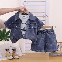 Korean-Style Denim Jacquard Three-Piece Summer Suit for Girls 90cm tamsiai mėlyna