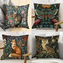 William Morris natūralaus miško stiliaus pagalvių užvalkalai su drugeliais, lapėmis, pelėdomis ir gėlėmis, dekoratyviniai pagalvių užvalkalai Linen 45*45(CM)-1Pcs