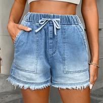 Women's Elastic Drawstring Mid Rise Straight Denim Shorts Non Stretch Frayed Hem Washed Casual Bermuda Shorts L šviesiai mėlyna spalva