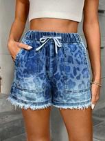 Women's Elastic Drawstring Mid Rise Straight Denim Shorts Non Stretch Frayed Hem Washed Casual Bermuda Shorts 2XL brown