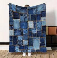 All-Season Flannel Throw Blanket] Cozy Denim-Inspired Flannel Throw Blanket All-Season Living Room & Bedroom, Splicing, Fleece Size: 75*100cm, Weight: 230 GSM