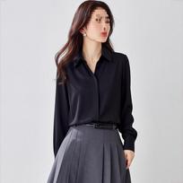 Women's Blue Satin Hong Kong Style Shirt, Lapel, Spring 2026, Loose, Drapey Commuting Top, Long Sleeve M juoda