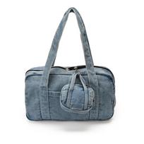 Washed Denim Duffle Bag with Mini Pouch Large Capacity Travel Gym Weekender Shoulder Tote for Women šviesiai mėlyna spalva