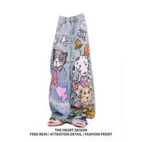 Mens Relaxed Fit Straight Leg Denim Jeans With Vintage Graffiti Print Low Rise Slightly Stretchy Cotton Blend Small mėlyna