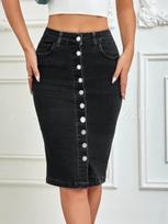 Women Button Front High Waist Bodycon Denim Midi Skirt Casual Pencil Skirt XL juoda
