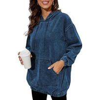 Vintage Acid Wash Distressed Hooded Loose Pullover Denim Sweatshirt Jacket L tamsiai mėlyna spalva