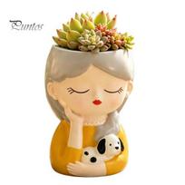 Decorative Resin Desktop Accessory Cute Head Planter, Succulent Little Girl Flower Pot, Human Plant Pot for Office Face Cactus Plants Container, Dog beige