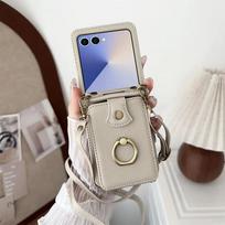 Odinė piniginė telefono dėklas, skirtas Samsung Galaxy Z Flip 7 6 5 4 3 Flip7 FE, su piršto žiedu, kortelių laikikliu ir dirželiu per petį Galaxy Z Flip7 FE smėlis
