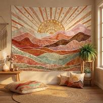 Yeoiat Gobelenas Boho Dykumos Saulė Gobelenai Vandens Spalvos Kalnų Peizažas Gobelenai Terakotos Šalavijo Sieninis Gobelenas Miegamojo 59×39inch/150*100cm brown