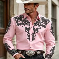 Western Denim Full Body Printed Men's Long Sleeved White Shirt Slim Fit Collar Shirt 2XL brown