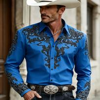 Western Denim Full Body Printed Men's Long Sleeved White Shirt Slim Fit Collar Shirt 5XL