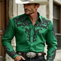 Western Denim Full Body Printed Men's Long Sleeved White Shirt Slim Fit Collar Shirt 3XL blue