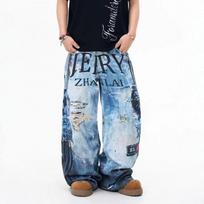Mens Distressed Oversized Straight Leg Denim Jeans With Graffiti Print Hip Hop Streetwear Loose Fit Casual Pants XXXL mėlyna