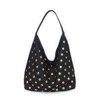 Casual Denim Bag, Commuting Shoulder Bag, Riveted Tote Bag juoda